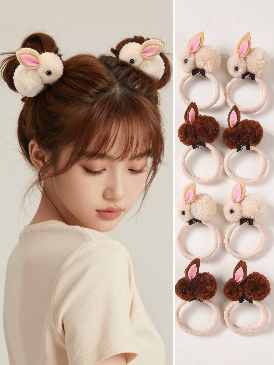 Set de 4 piezas de coleteros, lazos y diademas de felpa con diseño de conejito lindo para niñas, para uso diario en otoño/invierno - Multicolor - Ver 1