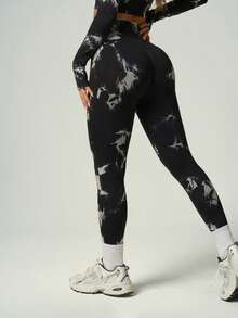 UONNOU Spring Tie Dye High Waist Yoga Leggings - Black and White - View 6