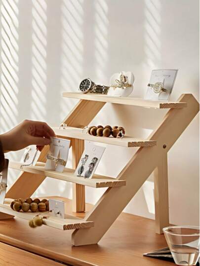 1個多层收纳架简约自然松木梯形易组装坚固底座开放式层架设计珠宝首饰收纳架耳环展示架戒指架手镯架首饰展示架桌面收纳架厨房储物架化妆品小物品收纳架梳妆台卧室门厅家用收纳架圣诞集市节日手工艺品情人节