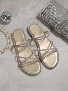 Minimalist Lightweight Round Toe Criss-Cross Strap Solid Color Glass Rhinestone Slip-On Sandals, Women Summer New Style Flat Sandals Suitable For Dresses, Fairy Style Two-Way Wear - Gold - View 9