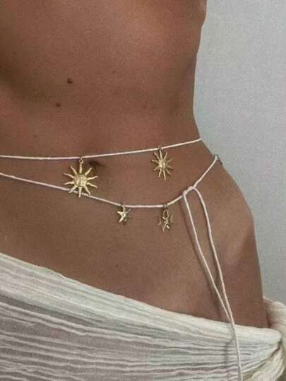 Sun & Star Pendant White Cord Waist Chain, Layered Waist Chain, Bohemian Body Jewelry, Suitable For Summer Outfits, Vacation, Beach, Music Festival