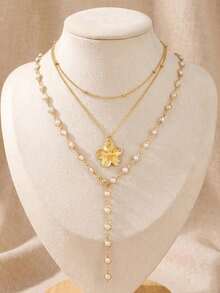 2pcs/Set Vintage Bohemian Style Metal Faux Pearl Flower Tassel Necklace Set, Y-Shaped Chain, Suitable For Daily Wear And Beach Vacation (Slight Variation In Flower Design, Refer To Actual Product) - Bohemian Style - View 2