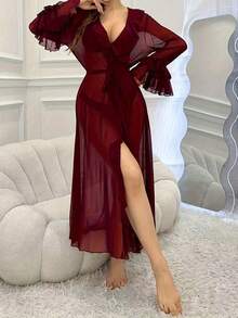 Local Delivery - -Plus-Size Sexy Lace Nightgown - 酒紅色 - 查看 4