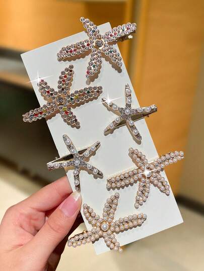 6pcs Women's Luxury Rhinestone Starfish Hair Clips, Faux Pearl Rhinestone Duck Clips, Side Clips, Bohemian Style, Gold Hair Clips, Women's Hair Accessories. Suitable For Daily Casual Wear, Shopping, Dates, Hawaii Travel, Beach Vacations. Essential For Summer Getaways.