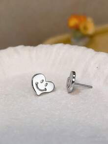 1 Đôi bông tai thời trang tối giản hình mặt cười và trái tim rỗng bằng bạc, trang sức thép không gỉ, quà tặng đôi unisex, bông tai phong cách tối giản hàng ngày. - Bạc - Xem 4