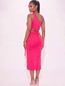 Women's Sexy One Shoulder Crop Top With Criss Cross Detail And Ruched Split Thigh Midi Skirt Two Piece Set Comfortable Knitted Fabric For Casual Or Party Wear - Fuchsia - View 3