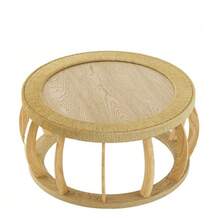 Vintage Round Coffee Table Made Of Rattan And Solid Wood, Boho Style Side Table With Curved Legs For Dining Room, Kitchen And Living Room, Natural Color. - Warna alami - View 6
