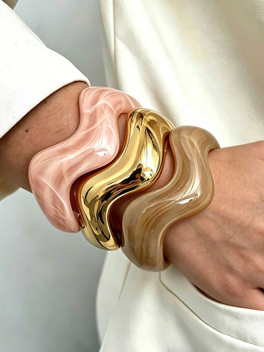 1 pieza/Set de 3 piezas Brazalete de acrílico CCB con forma de onda estilo vintage minimalista, adecuado para uso diario de mujeres, apilable, opción de regalo perfecta para días festivos - Multicolor - Ver 1