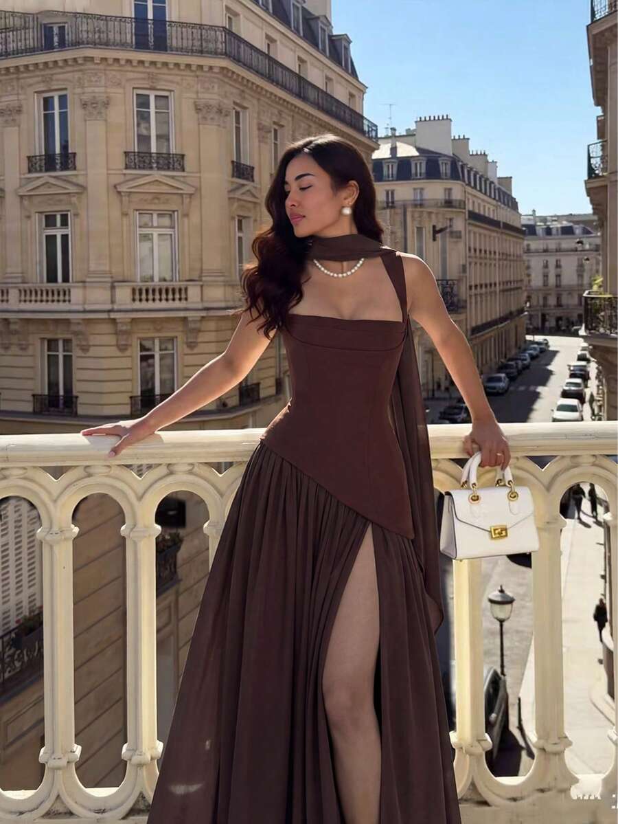 Women's Solid Color Square Neck Backless Tie Ruffle Hem Sexy Vacation Wedding Party Dress Elegant Summer - Brown - View 1