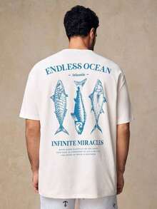 HIMLAND Men's Short Sleeve Crew Neck Drop Shoulder T-Shirt With Fish Graphic Print, Casual Style, Suitable For Outdoor Activities, Home, Dates, Beach, Funny White T-Shirt, Summer, Gifts For Men, Plus Size Beach T-Shirt, Spring Tops. - 白色 - 查看 5