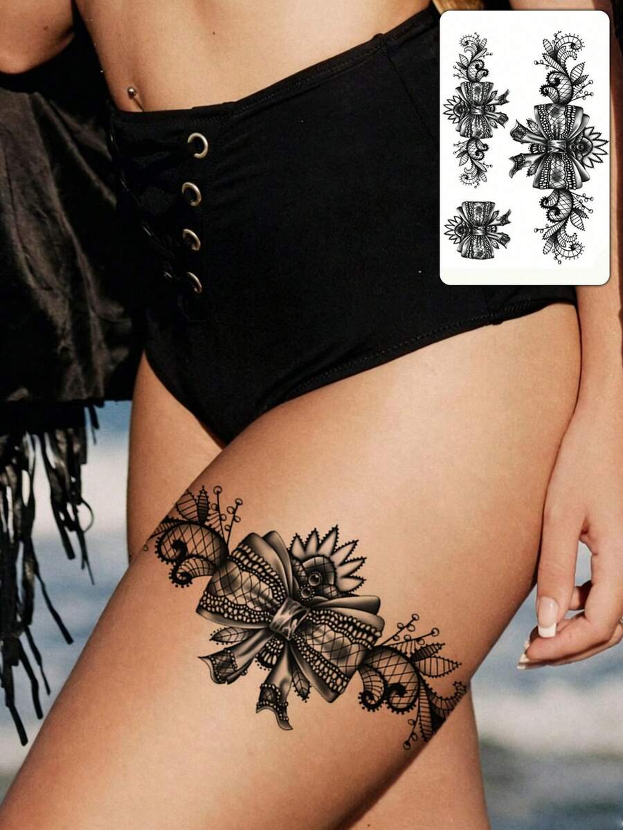 Adesivo de tatuagem temporária com corrente de borboleta para perna (1 unidade), de uso único, com estampa floral e de corrente. Ideal para braços, costas, pernas e cintura. À prova d'água e resistente ao suor. Adesivo de tatuagem sexy e estiloso, com aparência muito realista. Fácil de usar e remover. Perfeito para casamentos, festivais de música e festas. - Preto - Ver 1
