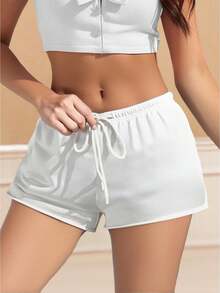 Women's Summer Drawstring Shorts Solid Color Low Waist Casual Breathable Short Pants - White - View 8