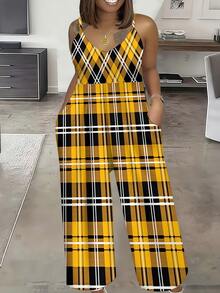 Women's V Neck Spaghetti Strap One Piece Jumpsuit Yellow Black White Plaid Pattern Loose Wide Leg, Soft Comfy, With Side Pockets,Loose Wide Leg One Piece Overall Casual Holiday Matching Outfit Casual Loungewear - 混合色 - 查看 4