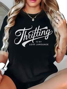 - T-Shirt de moda con letras y cuello redondo para tallas grandes - Negro - Ver 2