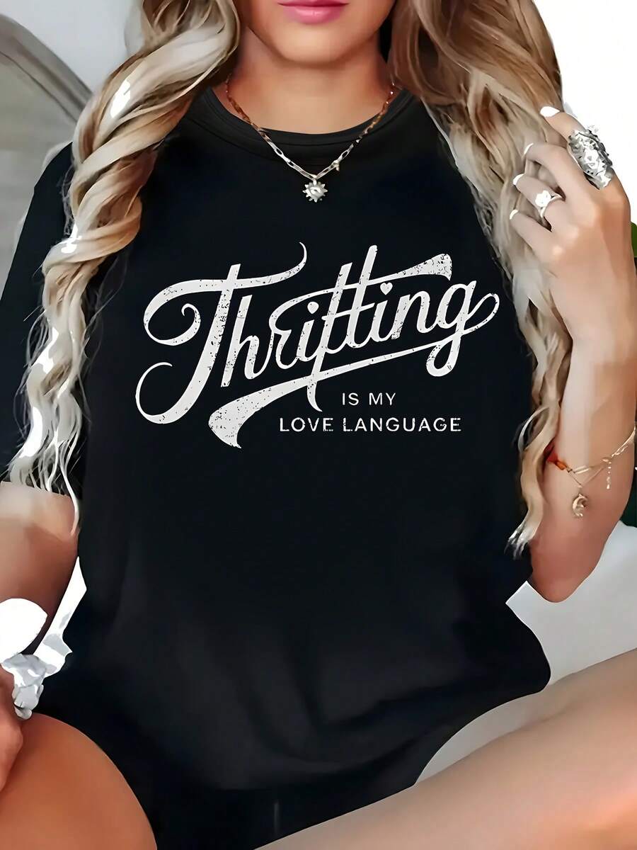 - T-Shirt de moda con letras y cuello redondo para tallas grandes