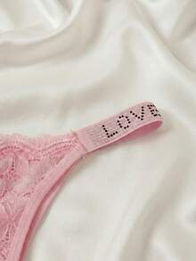 European And American Letter Beaded Women's G-String Lace Trim Hollow Thin Strap Low Waist Panties - Pink - View 5