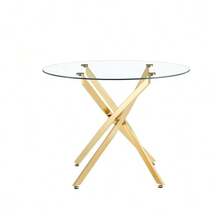 A Luxurious Yet Lightweight Round Dining Table, 88 Cm In Diameter. A Simple Table With A Tempered Glass Top And Silver Metal Frame, Ideal For Small Apartments, Homes, And Dining Rooms. Seats 2-4 People. - 金色 - 查看 8