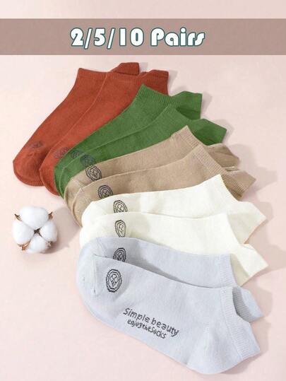 2/5/10 Đôi tất nữ in chữ nhiều màu sắc, tất ngắn cơ bản, thích hợp cho mọi mùa
