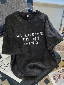 Women's Soft Cotton T-Shirt With A Cool "WELCOME TO MY MIND" Skull Print, Vintage Washed Casual Round-Neck Short-Sleeve Tee, Suitable For Daily Wear In All Seasons - 黑色 - 查看 2