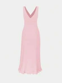 European And American Style Women's Summer New Ruffled Sexy Deep V-Neck Split Party Dress, Versatile Evening Gown Wedding Spring Fall - Light Pink # - View 3