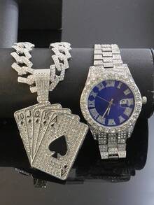 Conjunto de collar con colgante de póker con diamantes de imitación estilo real y reloj con esfera azul completamente cubierto de diamantes de imitación, estilo punk para hombres, joyería a juego de rapero de hip hop - Azul - Ver 22