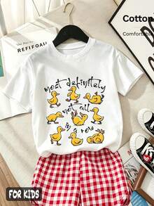 Süßes Enten-Muster Mädchen Kurzarm T-Shirt, Sommerspaß mit lässigem Rundausschnitt und bequemem Design - Weiss - Übersicht 1