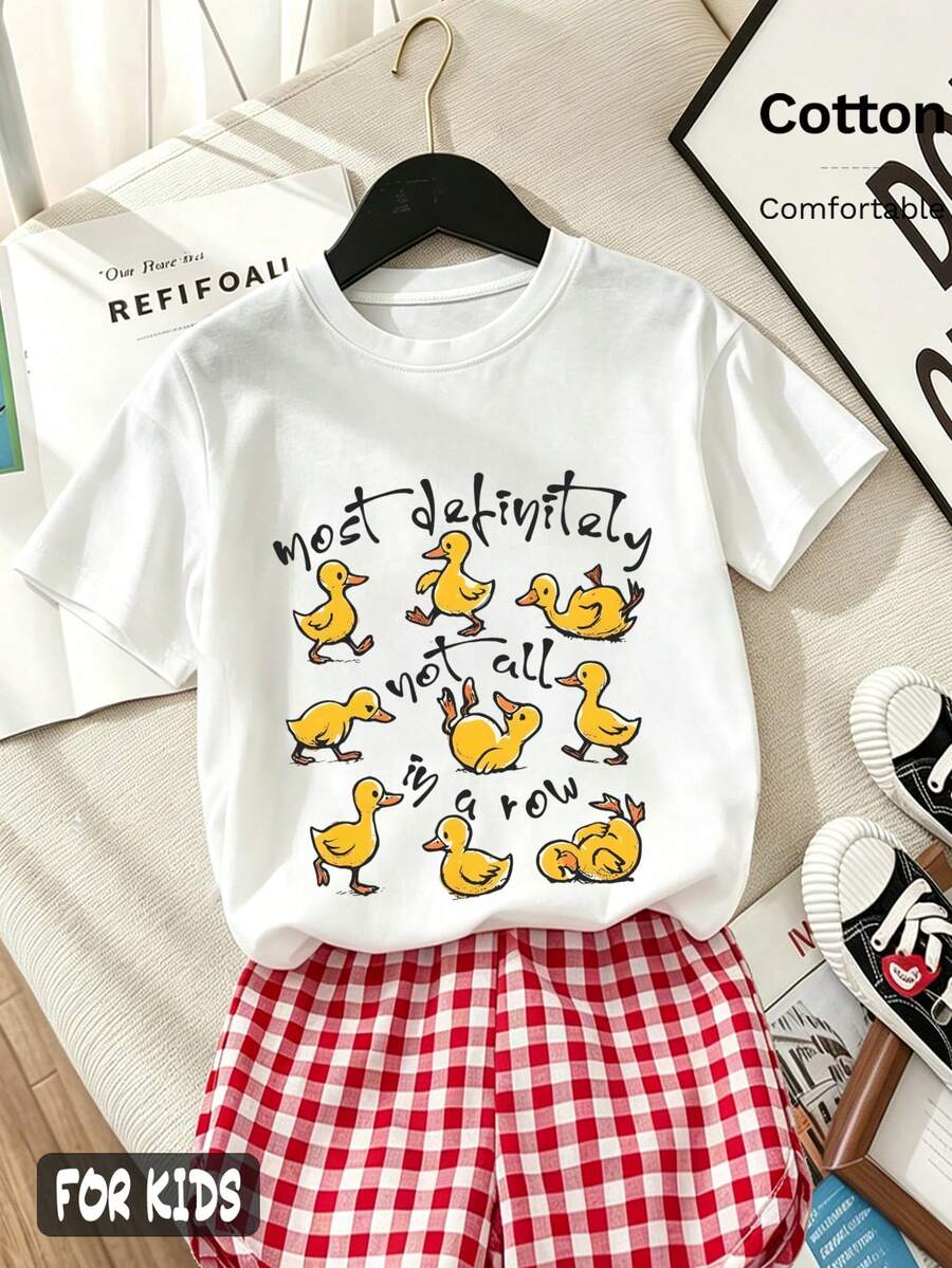 Süßes Enten-Muster Mädchen Kurzarm T-Shirt, Sommerspaß mit lässigem Rundausschnitt und bequemem Design - Weiss - Übersicht 1