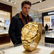 Men's Luxury Watch With Large Dial, Luminous Hands & Dual Date Display - Analog Wristwatch, Stainless Steel Suitable For Business, Professional & Casual Attire - Golden Watch For Men - Golden and Silvery - View 2