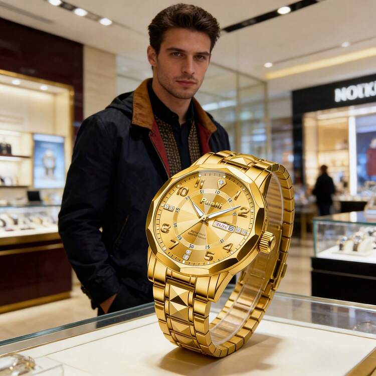 Men's Luxury Watch With Large Dial, Luminous Hands & Dual Date Display - Analog Wristwatch, Stainless Steel Suitable For Business, Professional & Casual Attire - Golden Watch For Men - 金色和銀色 - 查看 2