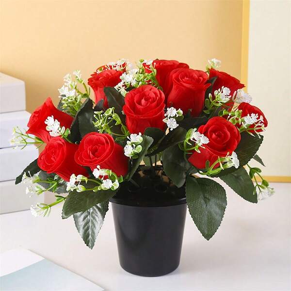 Artificial Rose Flowers In Pot, Faux Flower Arrangement For Home Office Decoration, Dining Table Centerpiece