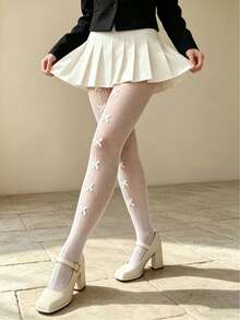 White Fishnet Tights With Bow Pattern - Cute Sheer Mesh Pantyhose For Women, Kawaii Japanese Style Legwear - Multicolor - View 6