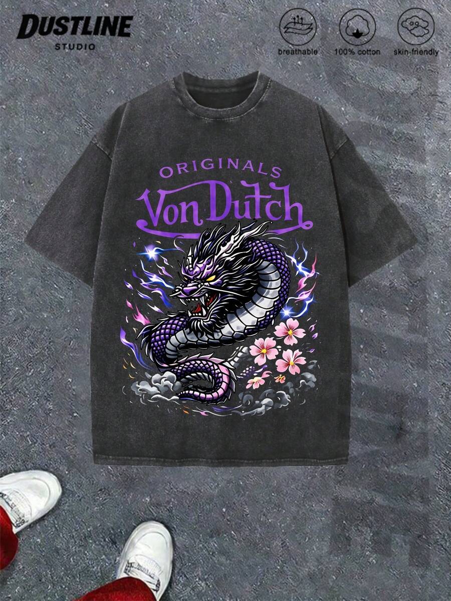 Mens Creative T Shirt  American Vintage Full Print Street Wear Essential T Shirt Set Men Graphic T Shirt And Shorts Set With Dragon And Flowers Print Washed Look Vons Dutchs Logo Design For Casual Outfits Summer Wear - Black - View 1