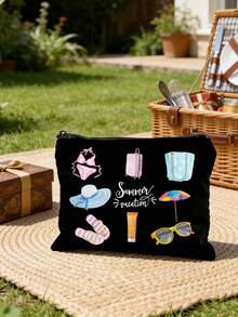 Borsa cosmetica da viaggio estiva in acquerello, pochette in tela con zip e stampe da spiaggia, organizer per il trucco da viaggio carino con bikini e occhiali alla moda - Multicolore - Visualizzare 9