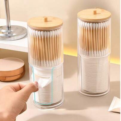 4/2/1 Pcs Bamboo Cotton Swab Storage Box, Recessed Design, Transparent Bathroom Accessory Set, Suitable For Storing Cotton Swabs, Dental Floss, Jewelry And Rubber Bands