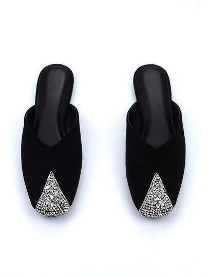 Women's Elegant Silver Fully Rhinestone Embellished Faux Suede Square Toe Comfortable Slip-On Mule Flats For Daily Wear And Party
