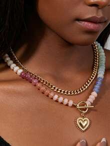 1Pc Boho Rainbow Beaded Heart Pendant Necklace, Layered OT Toggle Clasp Chain, Perfect For Valentine's Day & Anniversary Gifts For Girlfriend - Multicolor - View 6