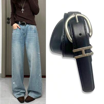 1pc Women's Casual & Formal Leather Belt, Minimalist Fashion Versatile Waist Belt For Jeans, Dresses, Retro Design, Daily Wear Waist Accessory
