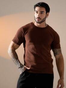 Men's Textured Short-Sleeved Knit T-Shirt With Crew Neck, Summer Chic Premium Style. - Rust Brown - View 6