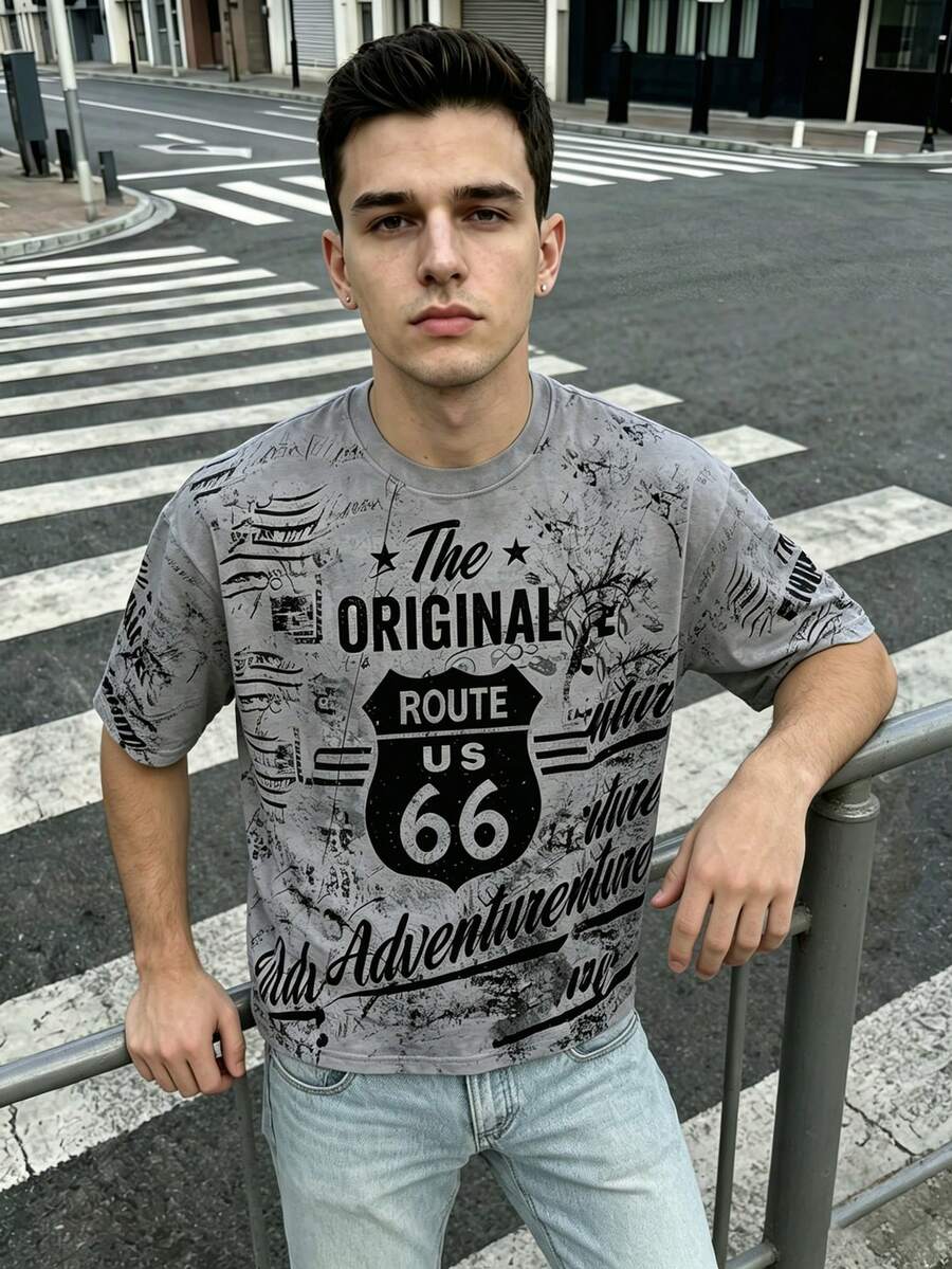 男款灰色「Original」復古印花寬鬆版型街頭復古風T恤 - 灰色 - 查看 1