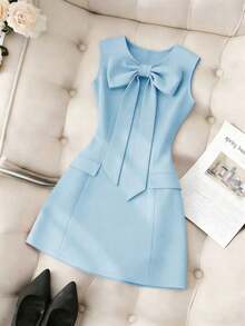 Vestido de mujer de unicolor, cuello redondo, ajustado, con lazo delantero y sin mangas - Azul - Ver 1