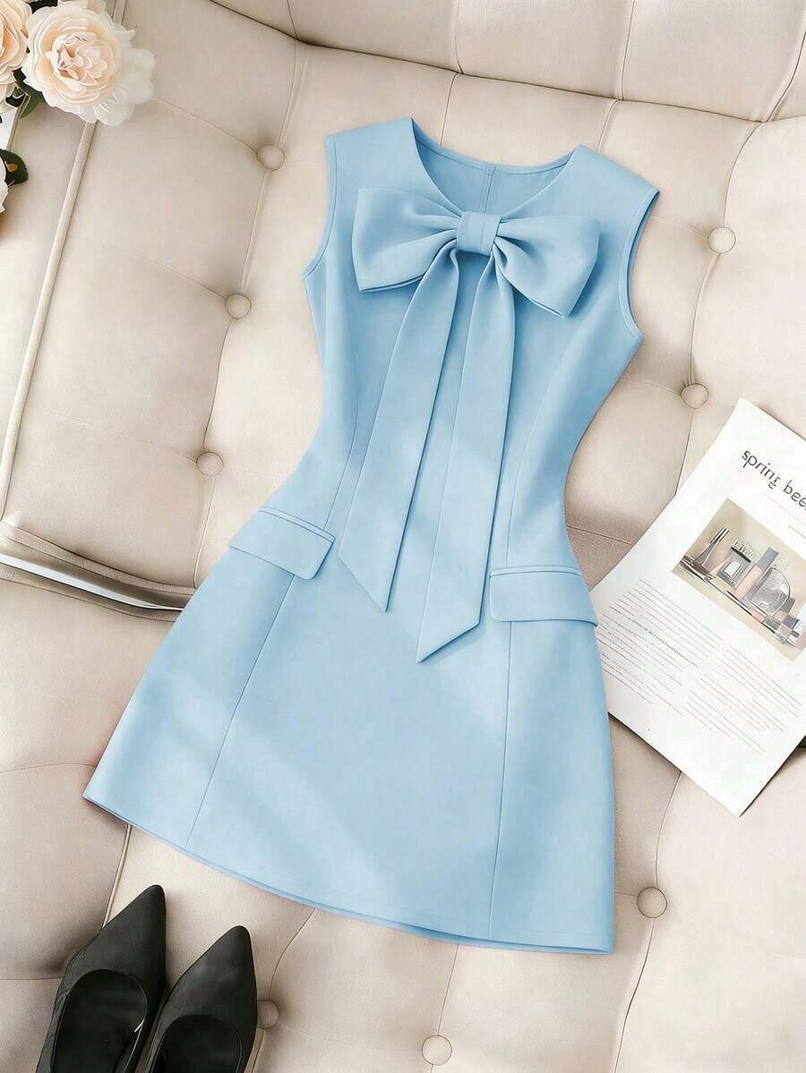 Vestido de mujer de unicolor, cuello redondo, ajustado, con lazo delantero y sin mangas - Azul - Ver 1