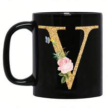 1pc Gold Letter & Floral Print Ceramic Coffee Mug, Beautiful & Practical Gift For Women, Girls, Office, Home Use - Black - View 8