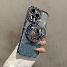 奢华闪亮水晶镜片保护电镀防震手机壳，带闪光化妆镜指环支架，高品质防震防摔手机壳，国际版，兼容 17/16E/15/14/13/12/11/X/XS Max/XR/Pro Plus，Galaxy S26/S26 Ultra/S26 Plus/A02S-A07/A12-A17/A22-A26/A32-A36/A50-A56/S20-S25，Reno等型号 - 藍色 - 查看 3