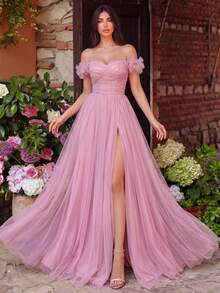 Faeriesty Luxe Elegant Open Shoulder Mesh Evening Gown, High Slit Design | Suitable For Formal Galas, Forest Green Weddings, And Grand Balls Party Spring - Dusty Pink - View 4