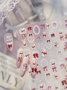 1 miếng dán móng tay 3D hình thỏ và nơ dễ thương, thiết kế khung ren đỏ trắng, decal tự dính cho bộ móng tay ngọt ngào của bé gái, dụng cụ làm móng nghệ thuật DIY. - Nhiều màu - Xem 3