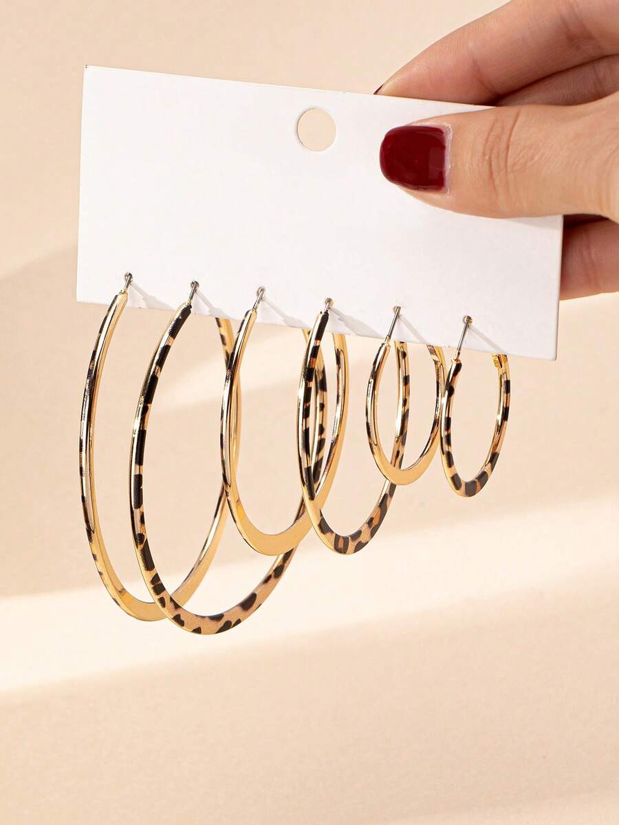 1 Set Of 3 Pairs Asymmetrical Leopard Print Hoop Earrings, Vintage Exaggerated Sexy Earrings For Women - Multicolor - View 1