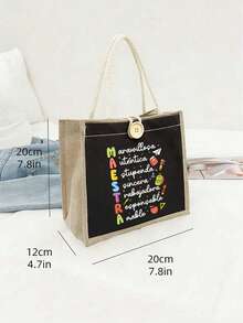 Tas Tote Motif Huruf Maestra dan Apel Aneka Warna, Tas Tote yang Dapat Digunakan Kembali, Tas Penyimpanan Kapasitas Besar yang Lucu, Tas Tangan Perjalanan Ringan - MultiWarna - View 10