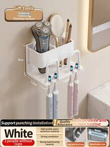 Soporte para cepillo de dientes, soporte para pasta de dientes, soporte para cepillo de dientes eléctrico, espacio de aluminio, sin perforaciones, estante para baño - Dos personas blancas - Ver 4