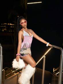 Spring And Summer Sexy Backless Halter Knitted Dress, Anime Character Printed Color-Blocking Bodycon Spicy Girl Mini Skirt, Resort-Style Women's Dress - 顏色圖案 - 查看 5