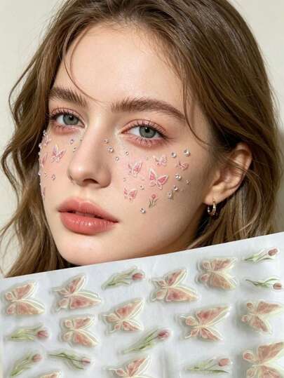 1pc Pink Butterfly & Tulip Face Sticker Decor, Self-Adhesive Atmosphere Makeup Sticker, Stage Party Photo Glitter Decor, Girly Makeup & Nail Art Sticker, Waterproof & Long-Lasting Facial Decoration